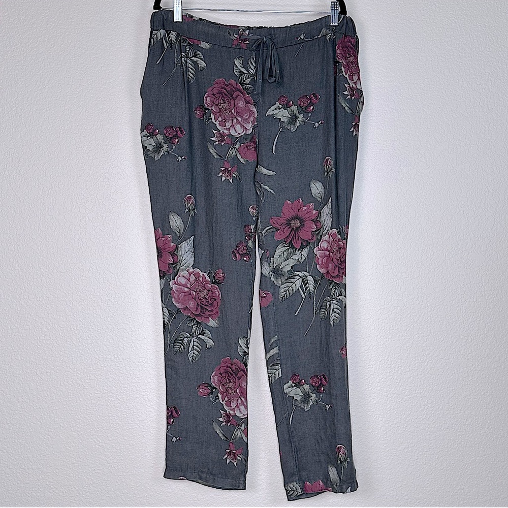 Angela‎ Mara 100% Linen Drawstring Pants Rose Print Pockets Made In Italy Medium